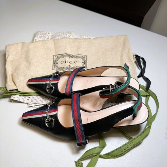 Gucci Malaga Black Kid Web Horsebit Low Heel Slingback Pumps Sz 36.5 - Picture 5 of 14
